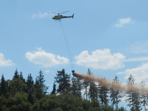 Hubschreiber verteilt Kalk über einem Waldstück