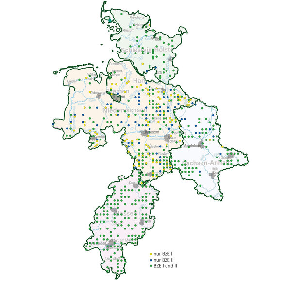 Karte der Punkte, an denen die Bodenzustandserhebung (BZE) der NW-FVA durchgeführt wird