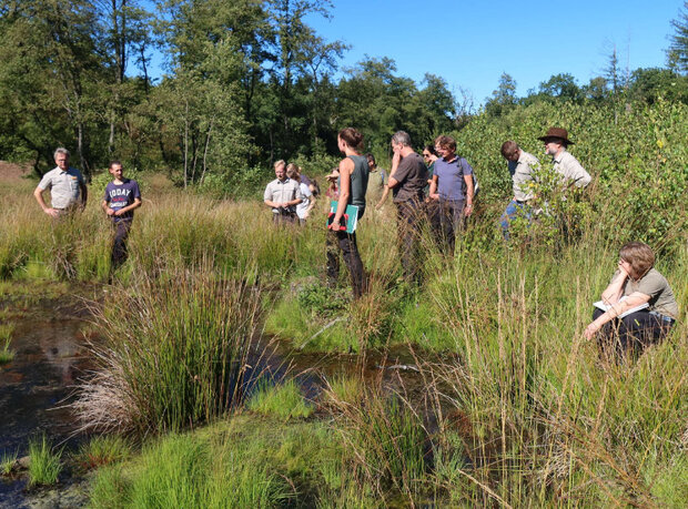 Personen hören in einem Waldmoor einem Vortrag