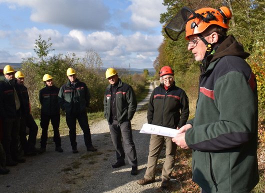 Forstleute vor einem Waldstück, die einem Vortragenden lauschen.