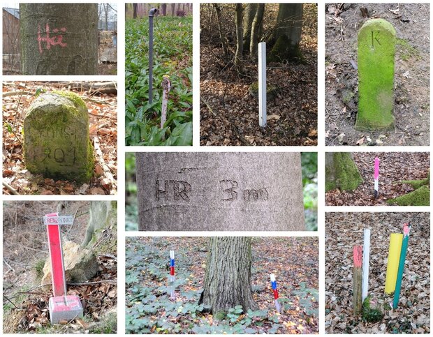 Verschiedene Grenzsteine im Wald