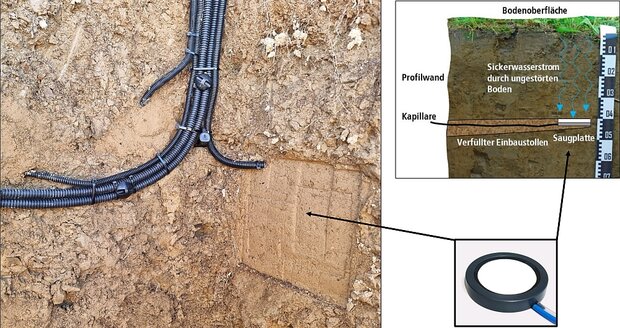 Lysimeterplatten zur Sickerwassergewinnung für das Monitoring von Wasserdienstleistungen eines Ökosystems: Einbau in Bodenprofilwand und schematische Darstellung